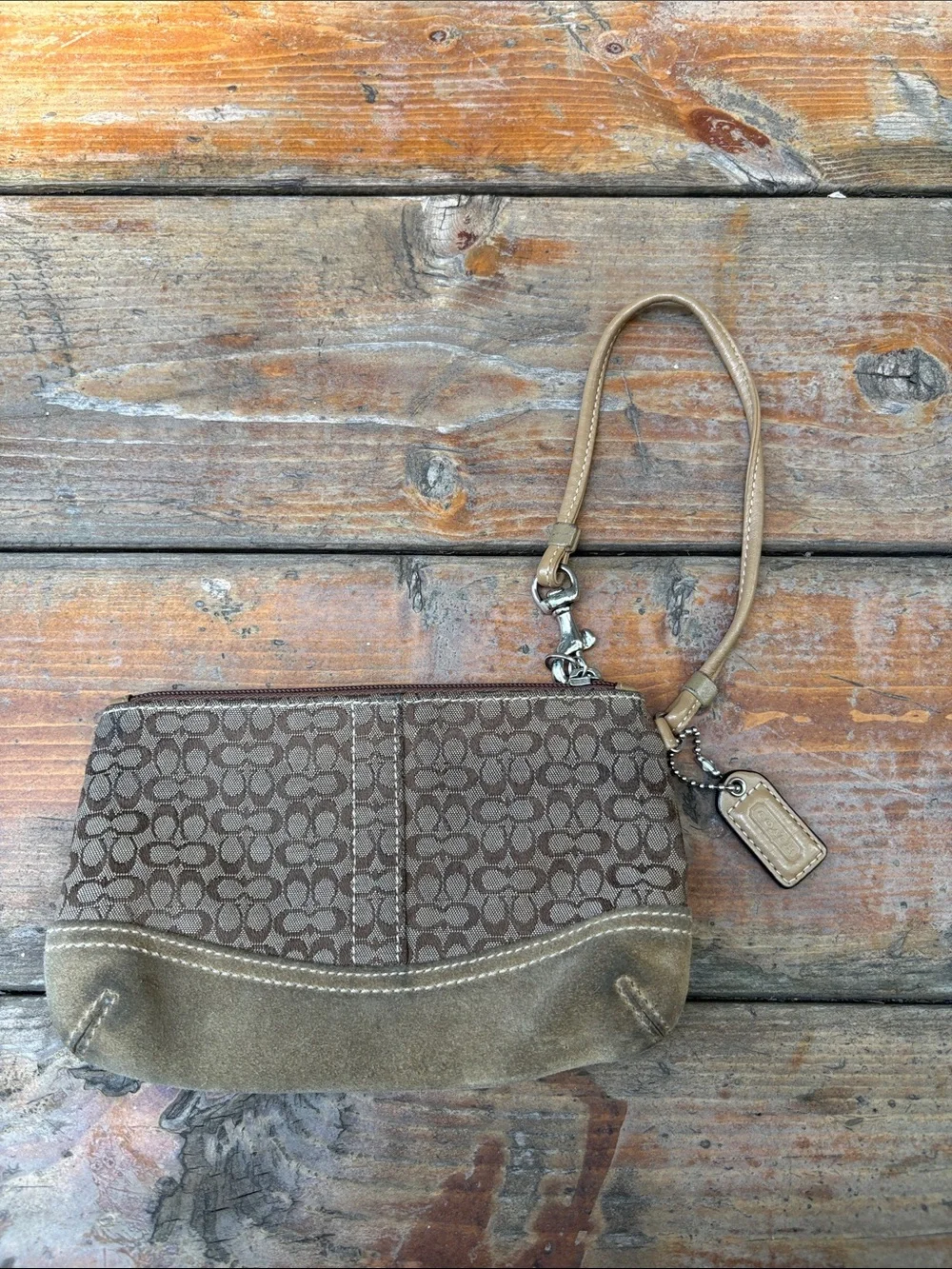 Coach Brown Signature Mini C Canvas Suede Zip Wristlet Leather Trim Hang Tag 6x4